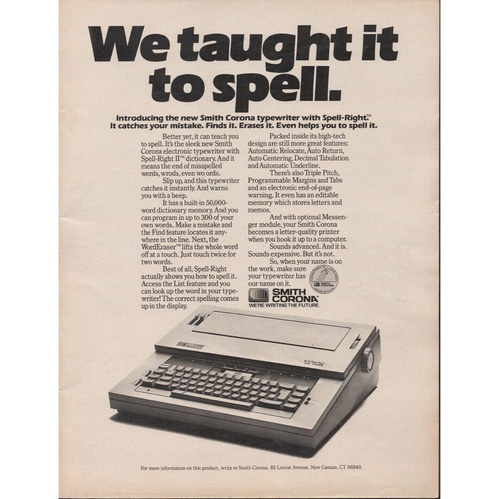 Smith Corona Spell Right Electronic Typewriter We Taught It to Spell Ad 1986